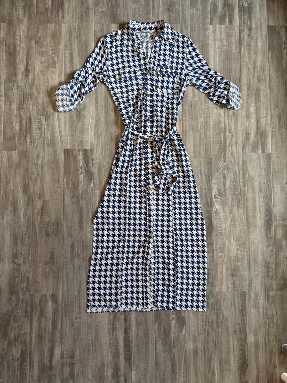 Houndstooth Maxi Shirt Dress - Blue & White